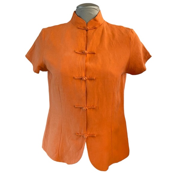 Shanghai Tang Tops - Shanghai Tang 100% Silk Orange Toggle Button Oriental Top Blouse Short Sleeve